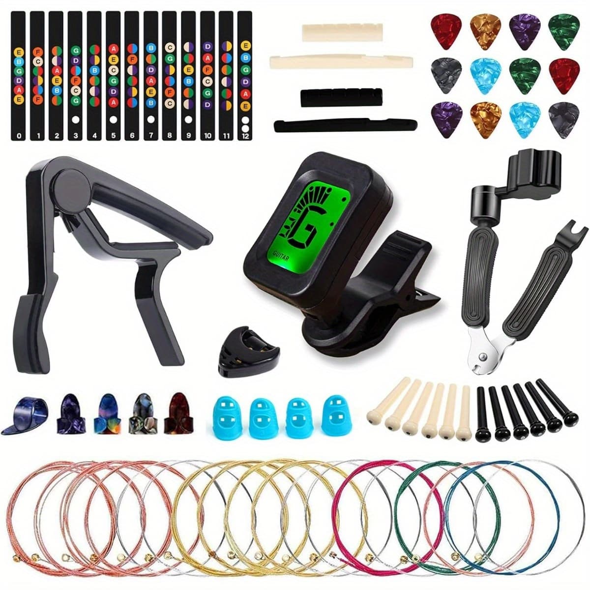 TEMU 60pcs Acoustic Guitar Additions Kit Including Guitar Strings, Tuner, Capo, 3-in-1 Restring Tool, Pick Holder, Bridge Pins, Nuts And , Finger Protector, Finger Picks, Stickers