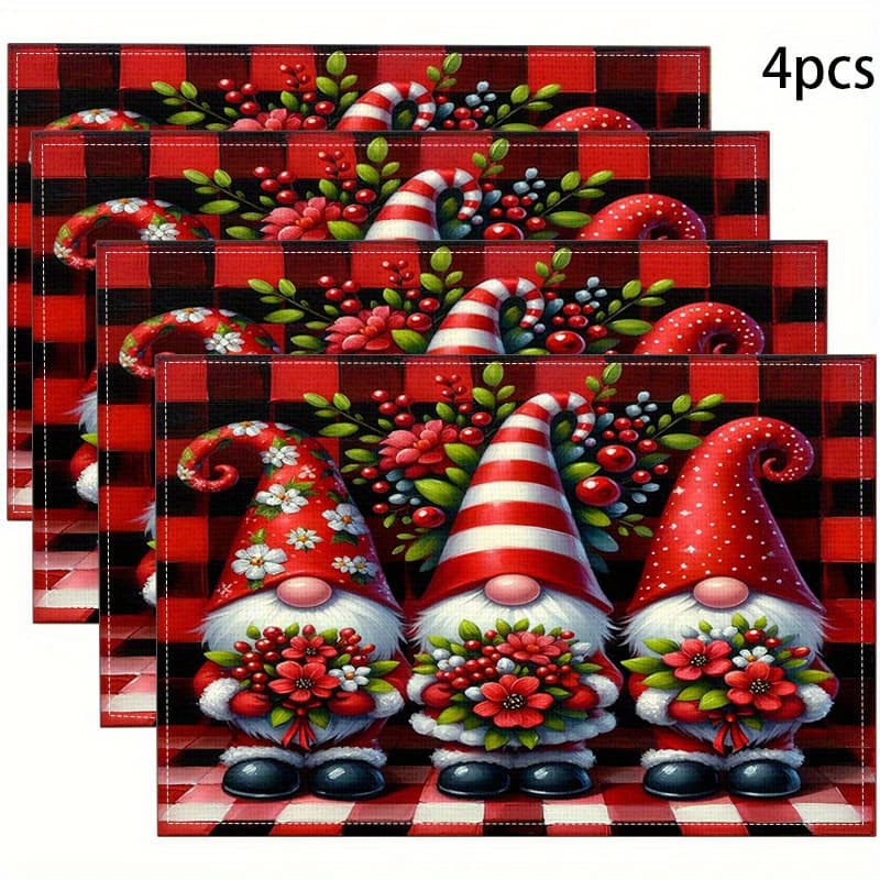 TEMU 4pcs Christmas Theme Placemats, Woven Linen Table Mats With Heat Resistant, Decorative Holiday Gnomes Design, Machine Washable Dining Table Pads For Home And Restaurant Use