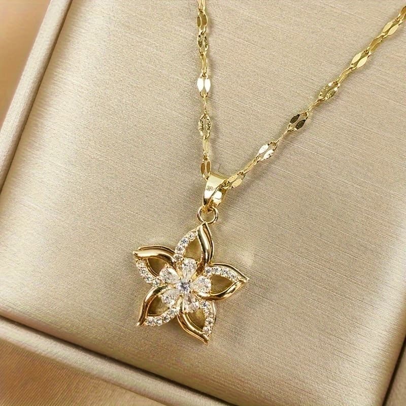 TEMU 1pc Golden Stainless Steel Rotating Hollow Flower Pendant Necklace, Men's Retro Versatile Necklace, For Daily Party Wear, Father's Day Gift