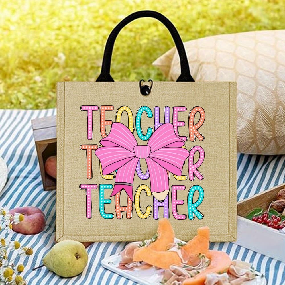 TEMU Product For Back-to- Pencil Jute Bag, Teacher's Gift, Pink Bow Tie Pencil Printed Handbag With Large Capacity And Trendy Durable Jute Bags
