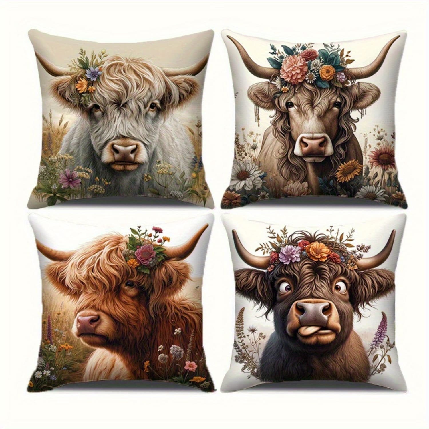 TEMU 4 Pcs Soft Polyester Throw Pillow Cover Set - Highland Cow & Pattern, Gray & Brown - Great For Bedroom, Living Room & Sofa Decor (pillow Covers Not Included)