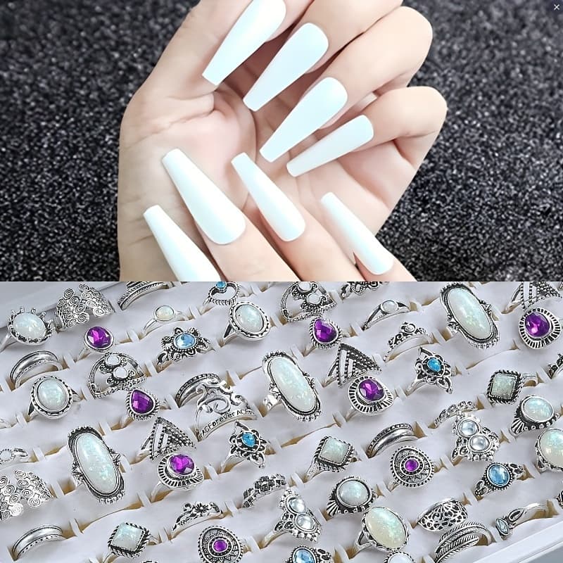 TEMU 30pcs/ Set Bohemian Vintage Ring Set + Large Rhinestone Set With 24pcs Nail Set For Everyday And Party Vacations