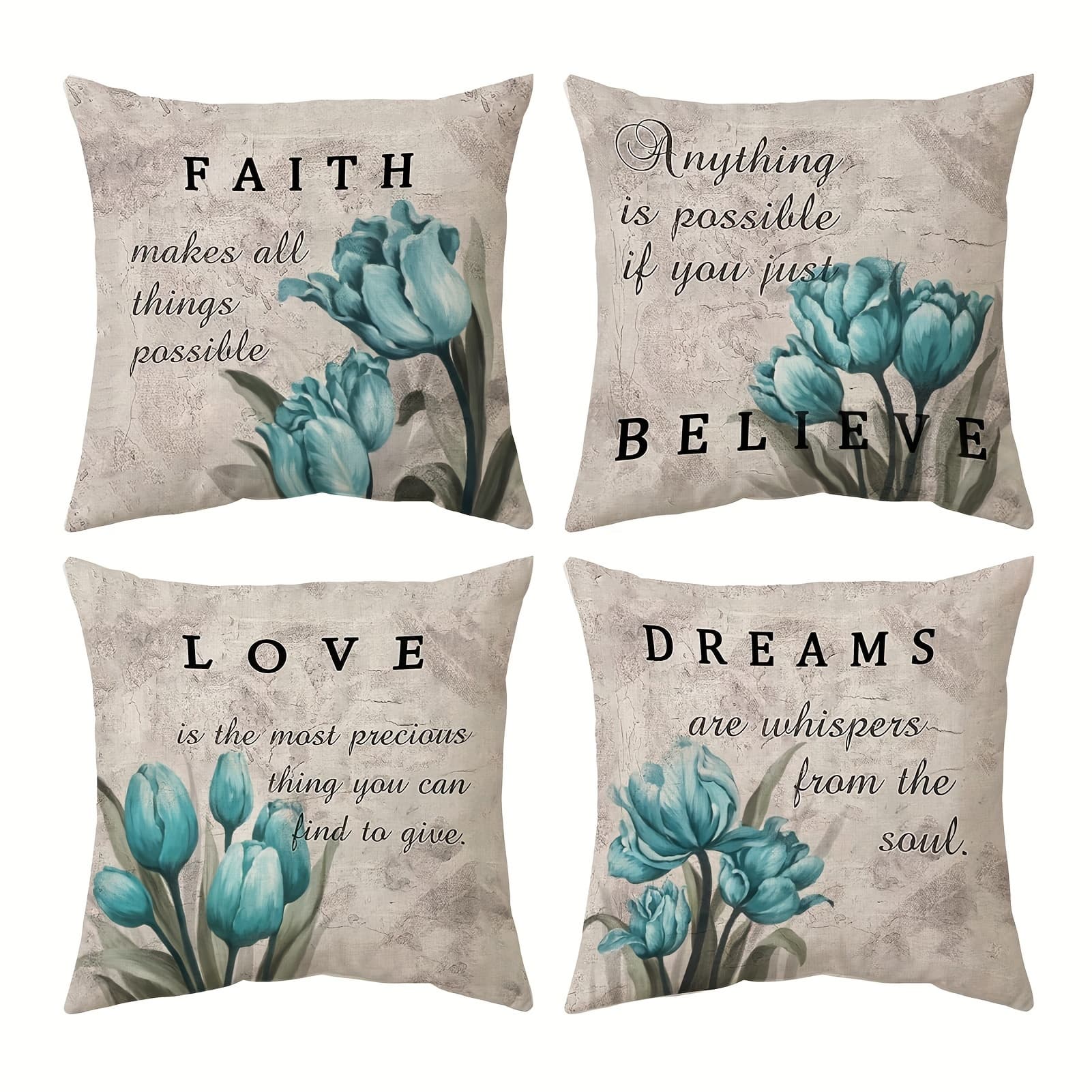 TEMU 4 Pcs Teal Tulip Decorative Throw Pillow Covers - Floral Patio Outdoor Pillow Covers For Sofa Living Room Bed Cushions, Farmhouse Modern Home Decor, 18x18 Inch
