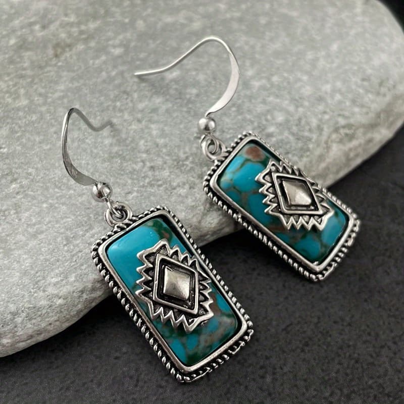 TEMU Bohemian-style Turquoise Drop Earrings Featuring Synthetic Stones - Great For Celebrations And Proposals - A Wonderful Gift For Women