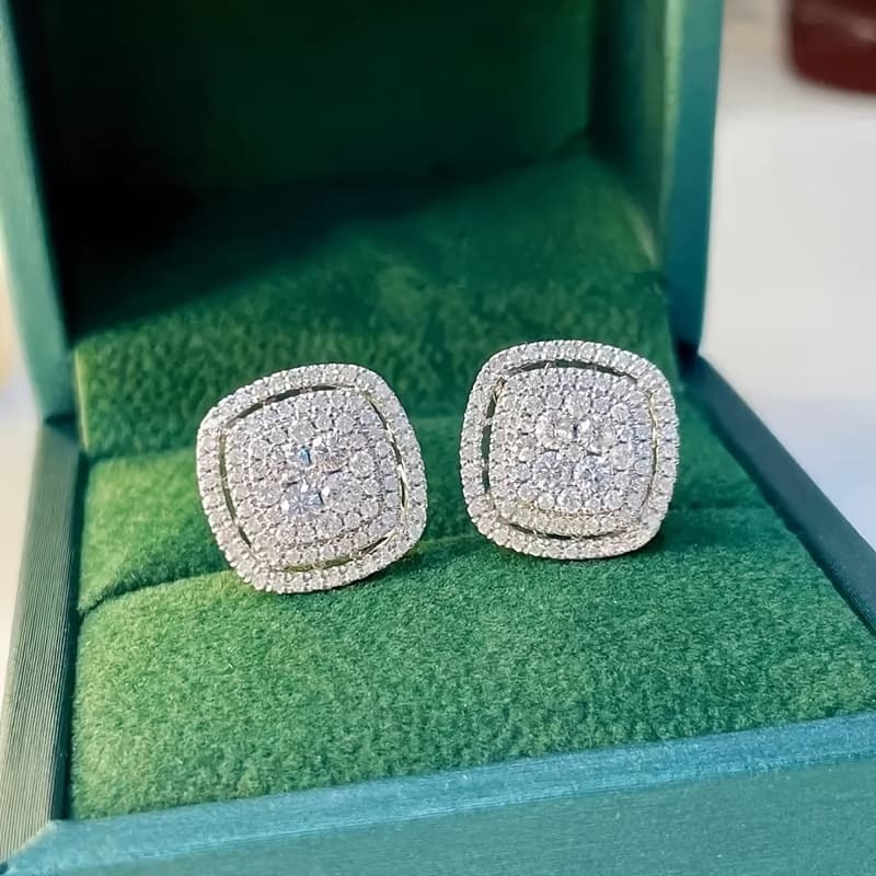 TEMU Silvery Color Stud Earrings For Women - Real Stereoscopic Synthetic Zirconia, Fashion Halo Design, Perfect For Engagements