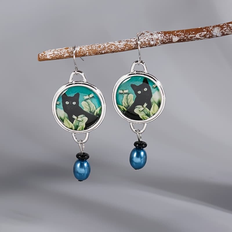TEMU Trendy Drop Earrings Featuring A Cat Design In Bohemian Style, With Synthetic Gemstones - A Stylish Costume Piece