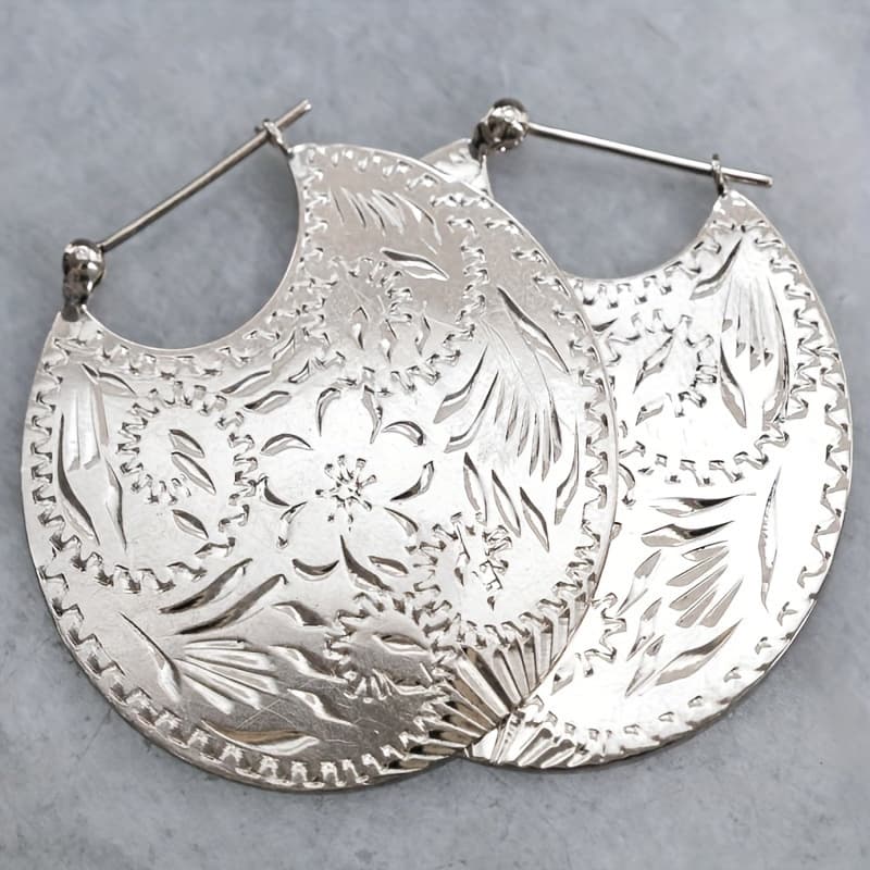 TEMU Carved Flower Silvery Dangle Earrings - Bohemian Ethnic Style In Alloy With - Exquisite Gift For Her