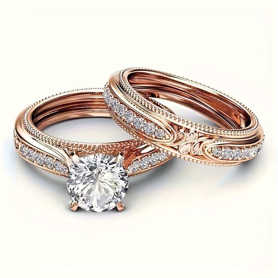TEMU 2pcs Women's Ring Set, Luxurious Classic Inlaid Synthetic Zirconia Hollow-out Carved Design, Suitable For Women' Wear, Weddings, Banquets, And Anniversary Gifts