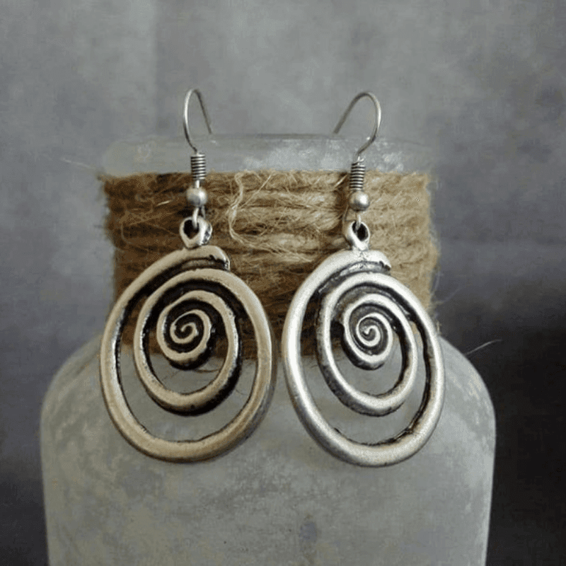 TEMU Silvery Spiral Hook Dangle Earrings - Retro Bohemian Style Alloy Jewelry, Ideal Souvenir & Female Gift
