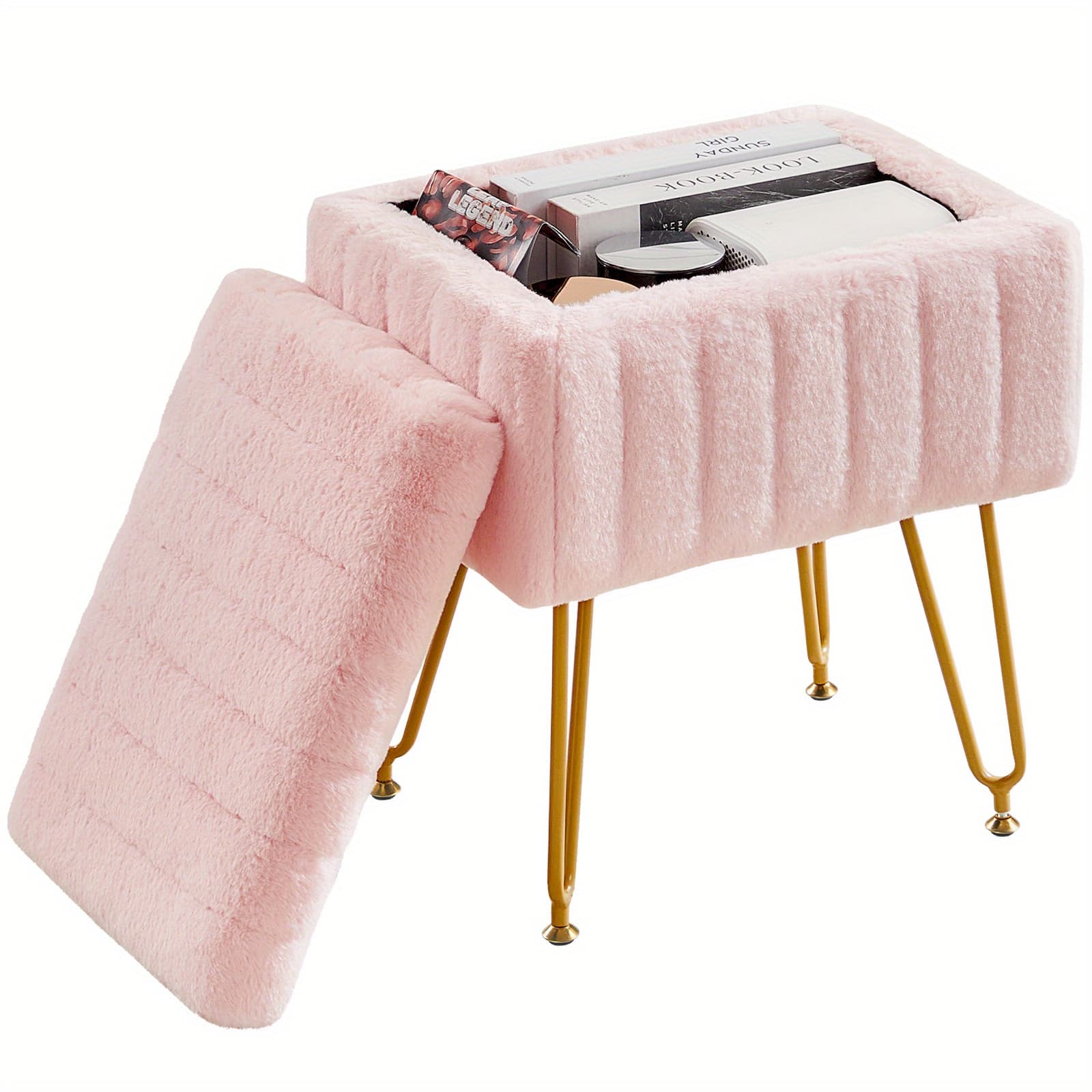 TEMU Olixis Chair - Soft Faux Fur With Storage - 4 Metal Legs With Non-slip Feet - Furry Seat Cushion For And - Cute Colors Modern Chair - Perfect For Christmas, Valentine's Day, Holiday Gifts
