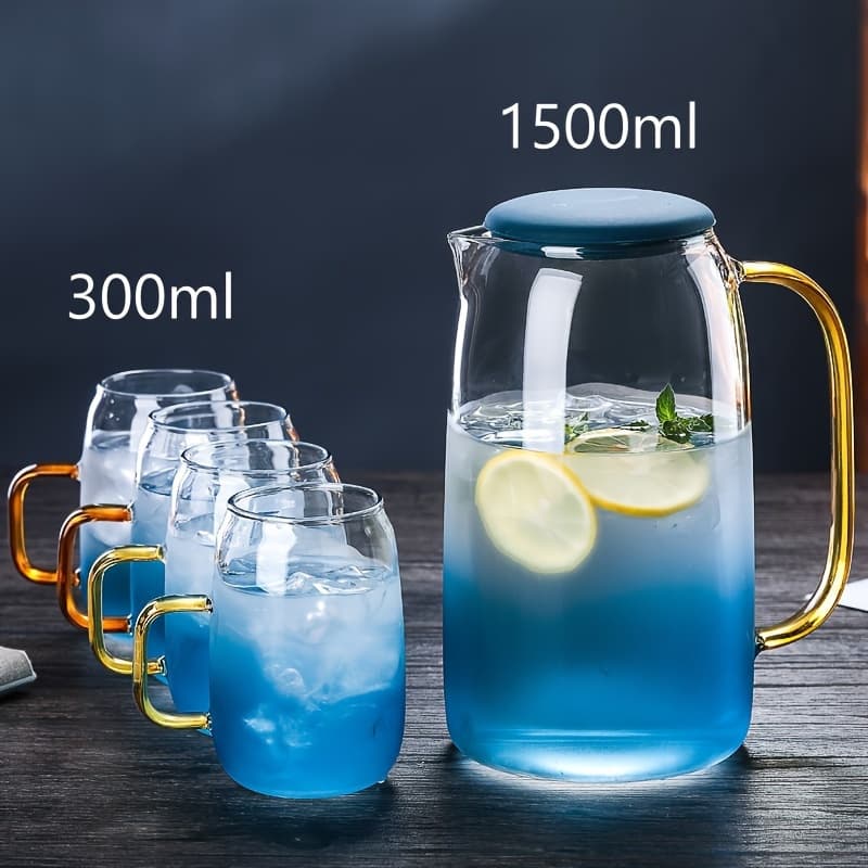TEMU 5pcs Glass Bottle And Cup Set - Elegant Drinkware Set, Including 1pc Large Bottle And 4pcs Cups - Fashionable Ice Tea, Coffee, And Juice Pitchers, Dishwasher Safe