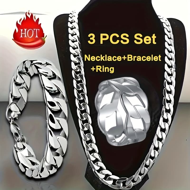 TEMU Stylish Punk 3pcs Cuban Chain Jewelry Collection - Unisex Necklace, Bracelet, And Ring For Events