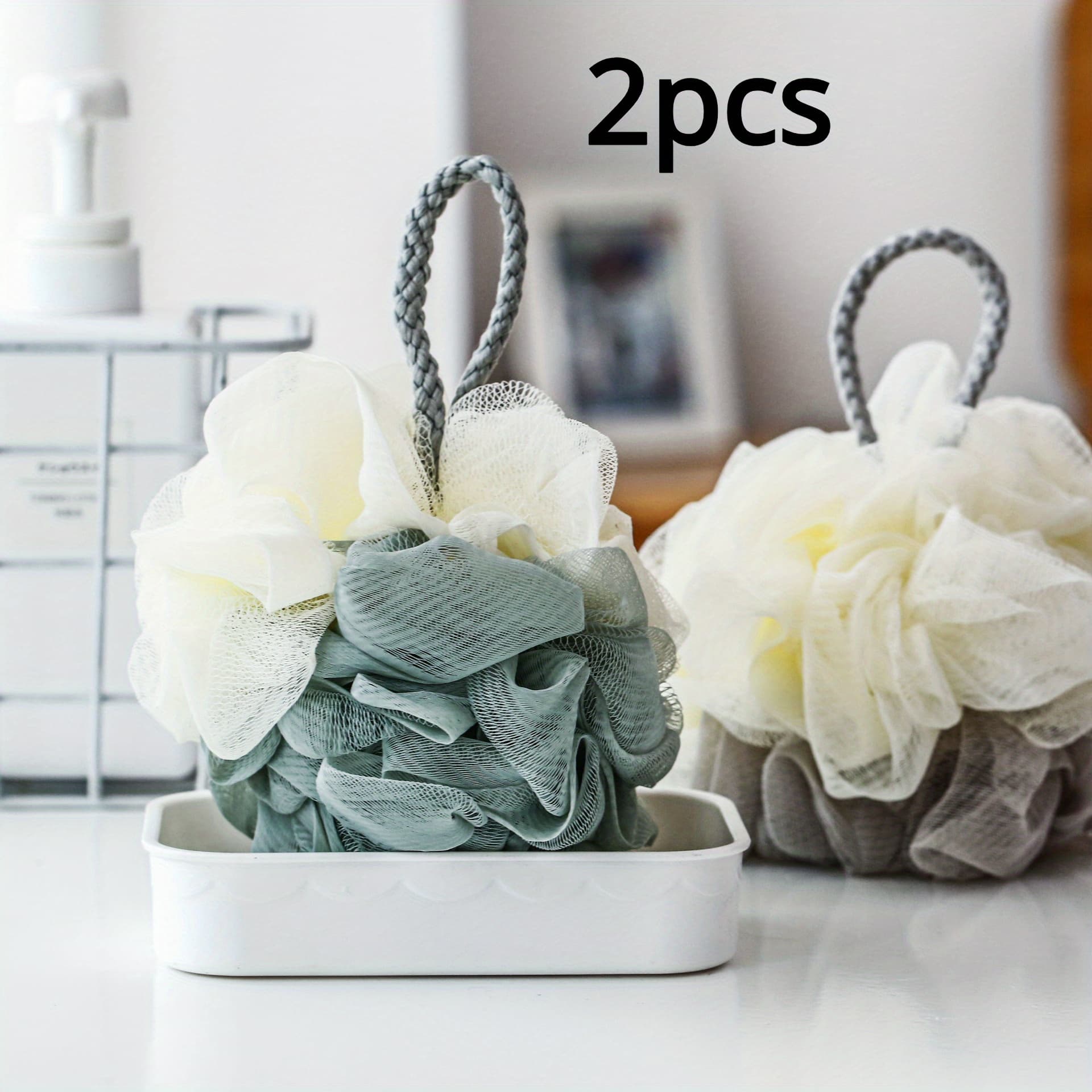 TEMU 2pcs Random Color Bathroom Soft Bath Scrubber Set, Spliced Loofah With Bath Flower And Foaming Net, Large Bath Ball