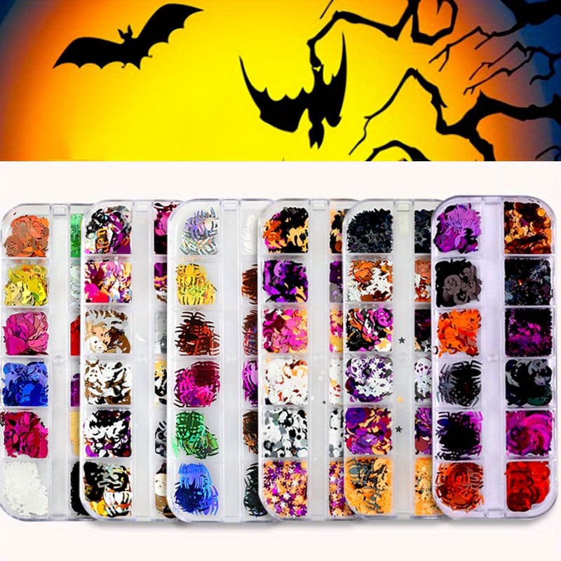 TEMU 6 Boxes Of Halloween Nail Art Glitter, 3d Holographic Pumpkin Bat Halloween Confetti, For Diy Nail Art Halloween Party, Multicolor