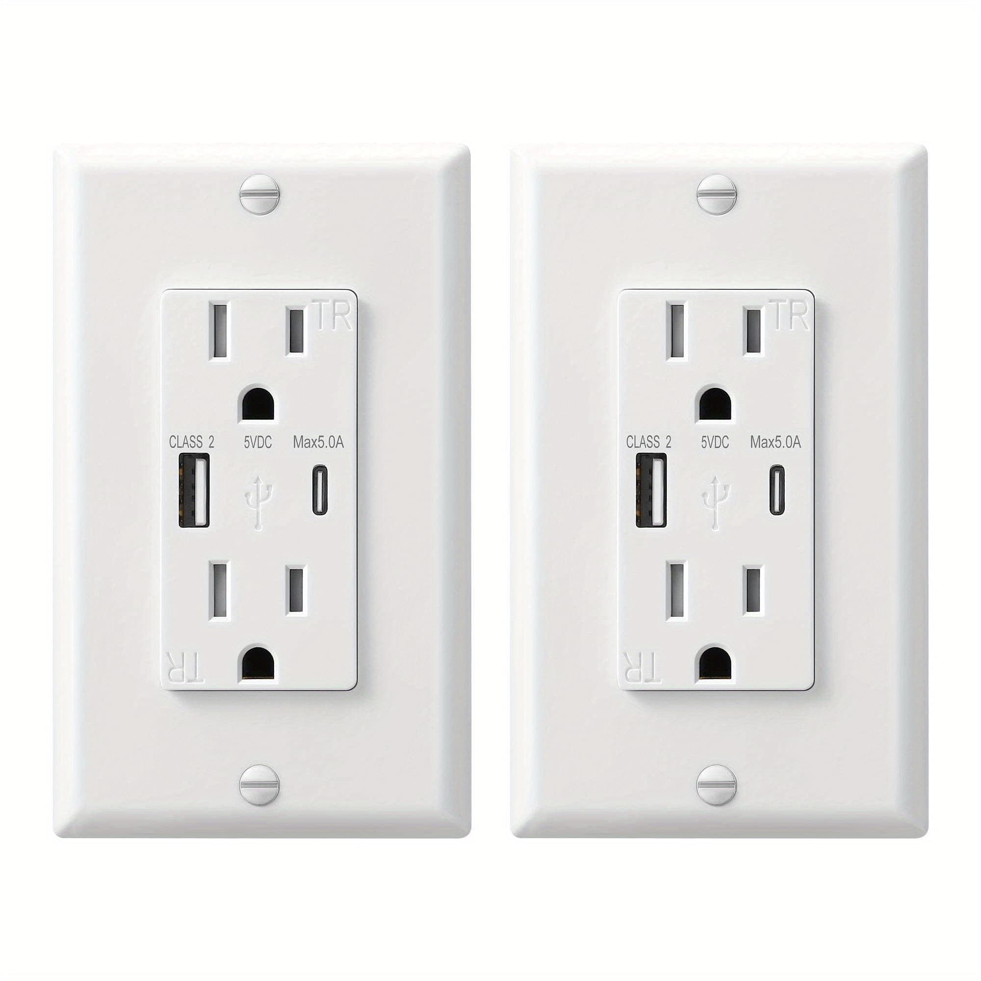 TEMU Dewenwils 2-pack 5.0a Usb Wall Outlet, Usb Outlet With Type C & Type A Usb Ports, 15 Amp Tamper Resistant Receptacle Outlet, Wall Plate Included