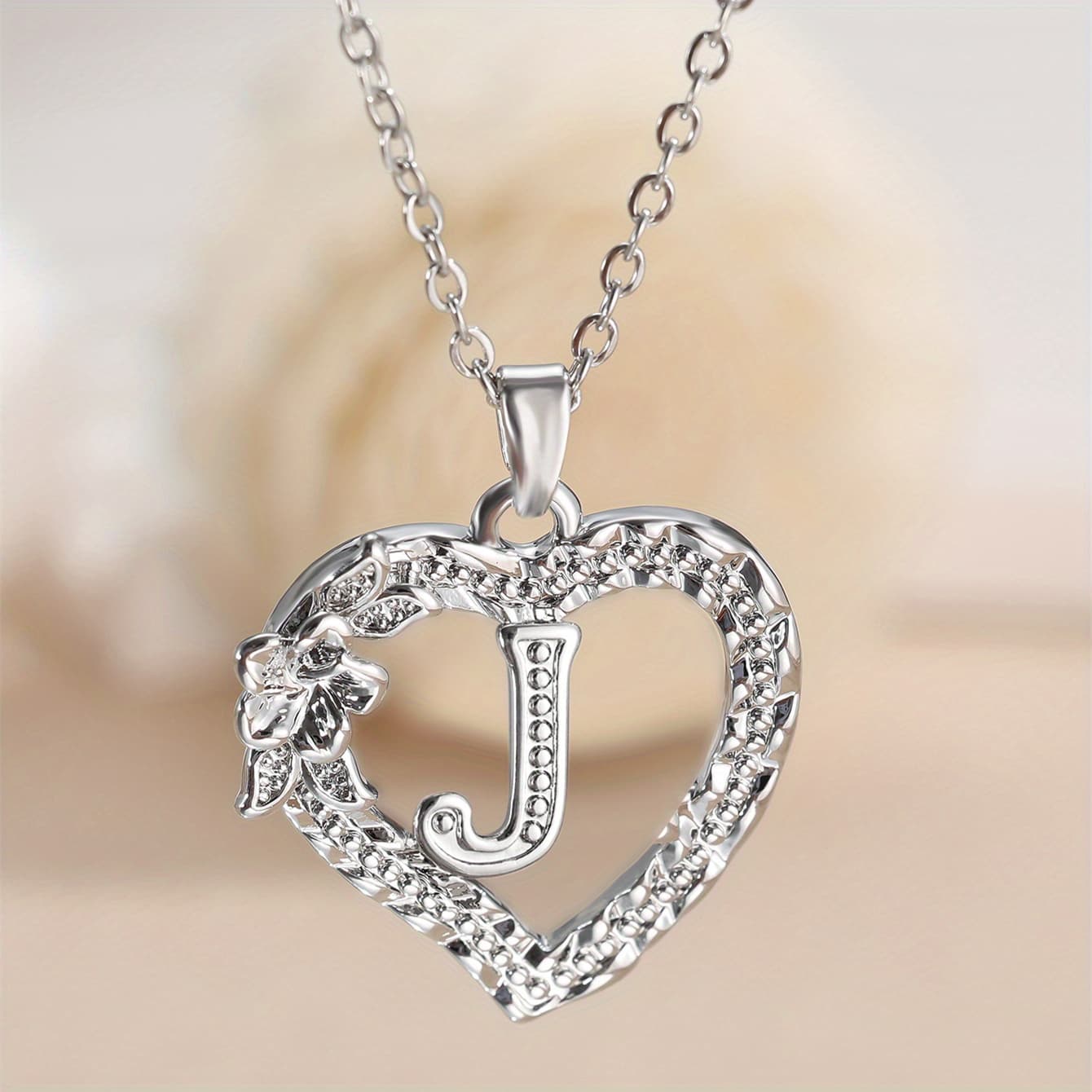 TEMU 1 Vintage Court Style Heart Floral Letter Pendant Necklace | Unisex A-z Initial Letter Necklace With Synthetic Synthetic Zircon, Copper Material, Elegant Design For Dating And Wedding Jewelry