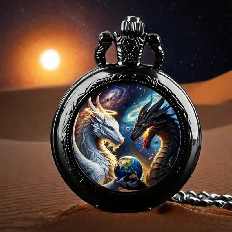 TEMU Earth Dragon Glass Round Quartz Pocket Watch, Fashion Quartz Pocket Watch With Chain, Unique New Year Christmas Birthday Gift