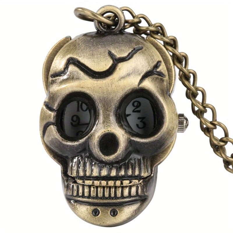 TEMU Bronze Little Skull Steampunk Quartz Pocket Watch Retro Necklace Pendant Sweater Chain Souvenir Halloween Christmas New Year Gifts