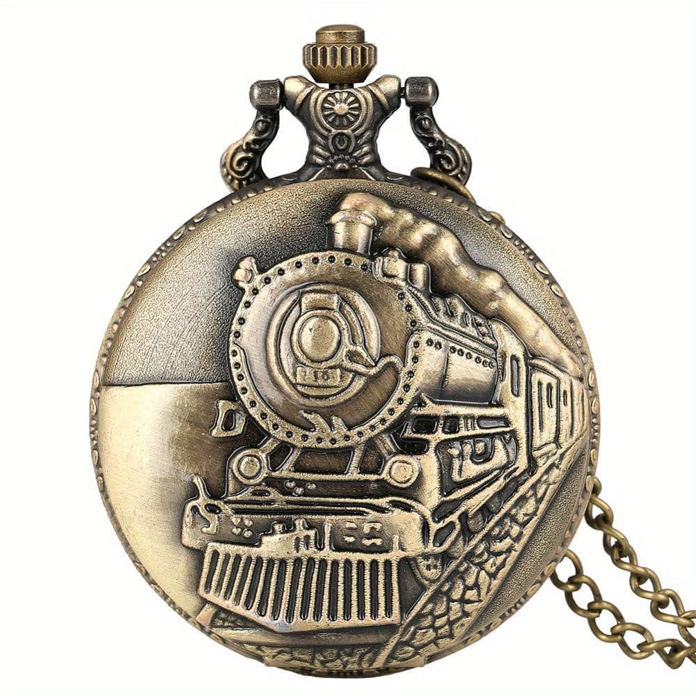 TEMU Train Engine Carved Steampunk Gears Quartz Pocket Watch Pendant Clock Necklace Chain, Unique New Year, Christmas And Birthday Gift