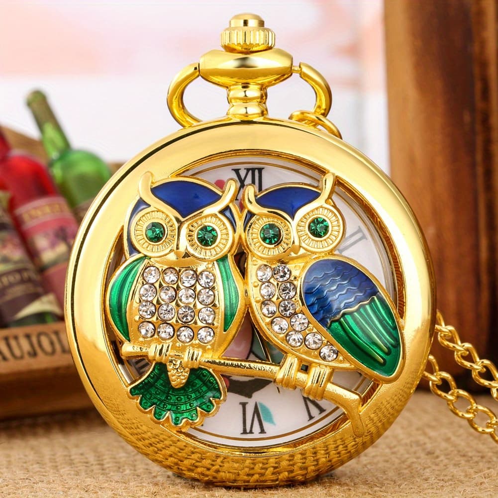 TEMU Luxury Owl Golden Artwork Hollow Quartz Pocket Watch Necklace Sweater Pendant Chain Clock