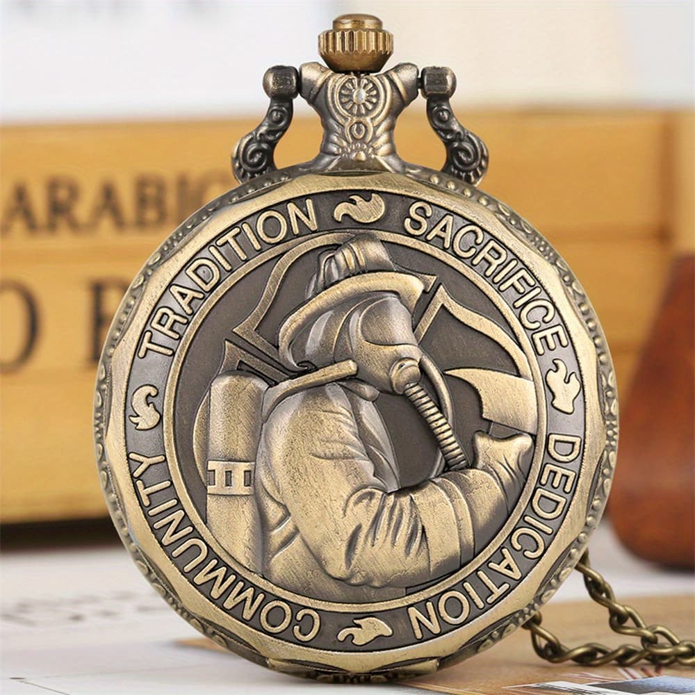 TEMU Firefighters Embossed Quartz Pocket Watch Souvenir Pendant Clock Gifts With Fob Chain , Unique New Year, Christmas And Birthday Gift