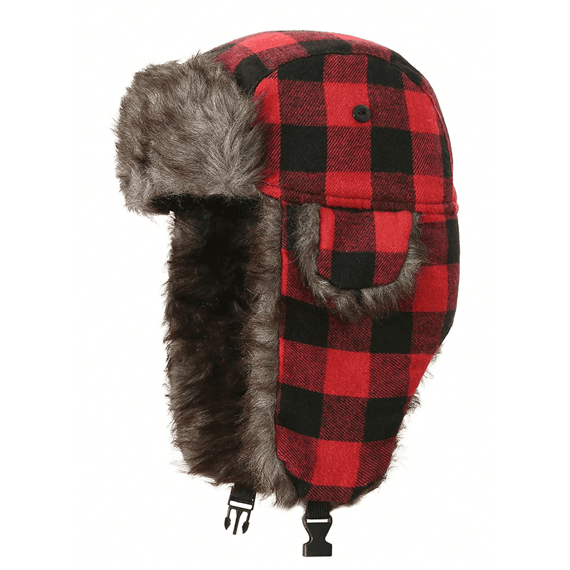 TEMU Windproof Dual-tone Plaid Trapper Hat With Ear Flaps - For Winter Hunting