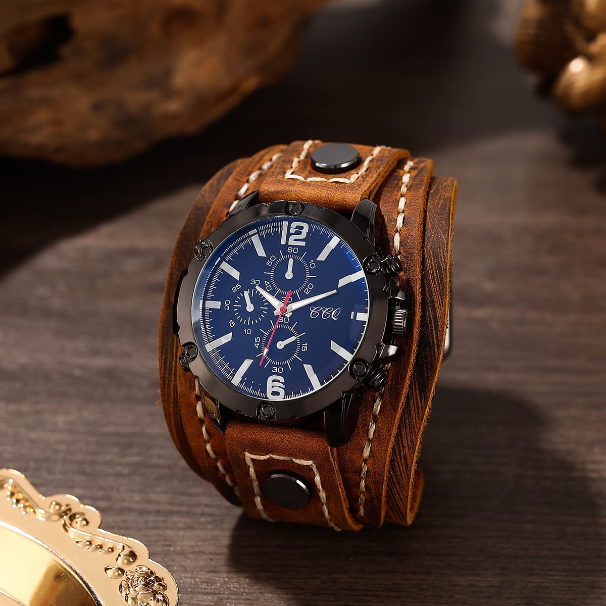 TEMU Retro Pu Leather Watch Bracelet, Versatile And Fashionable For Men And Women, Hip-hop Pu Leather Bracelet Watch Gift