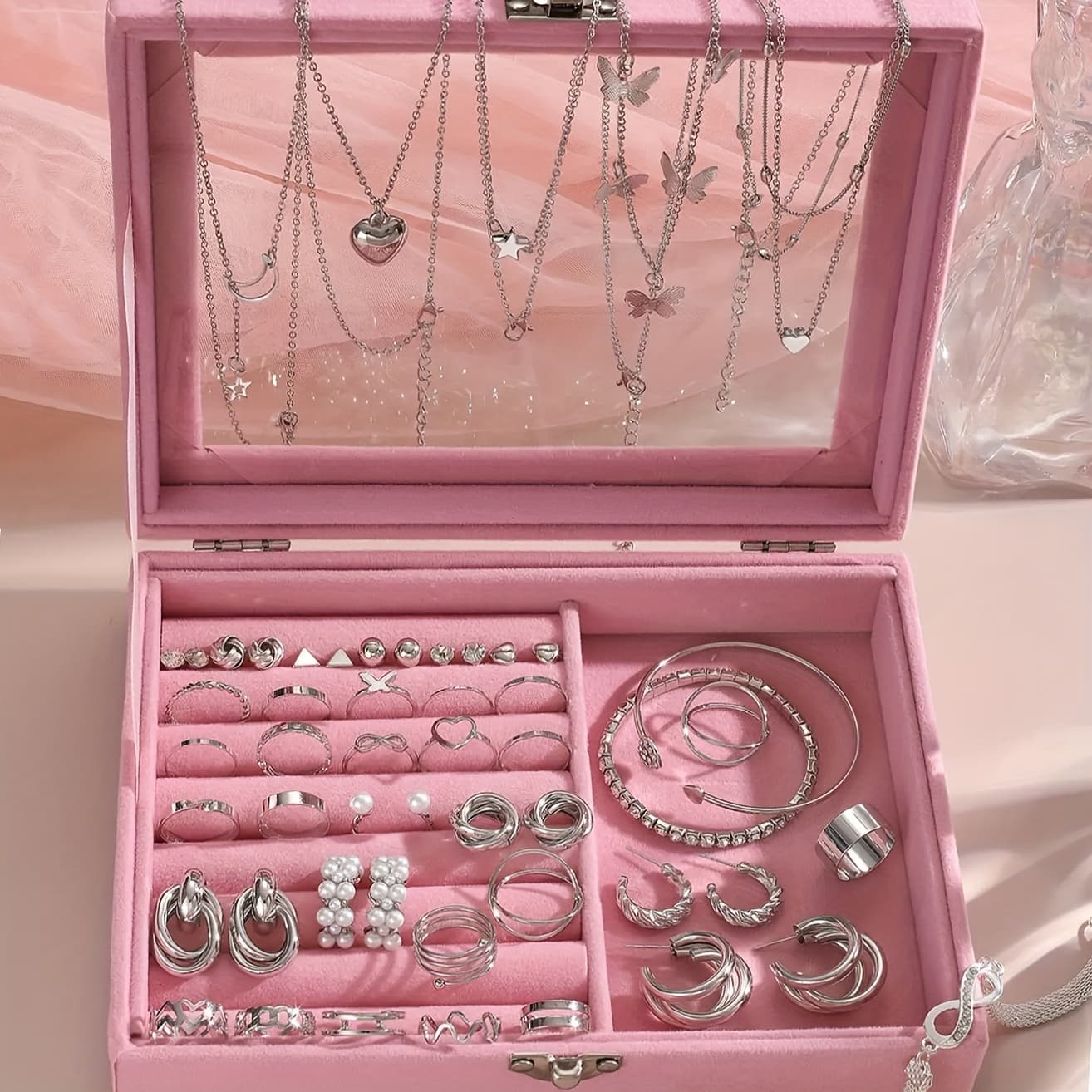TEMU 53/ Pcs Set, Fashionable Elegant Silvery Heart & Necklaces, Basic Stud Earrings, Hollow Rings, Bracelets, Multi-piece Jewelry Set, Daily Wear & Festive Gift - (retro & Elegant Style)