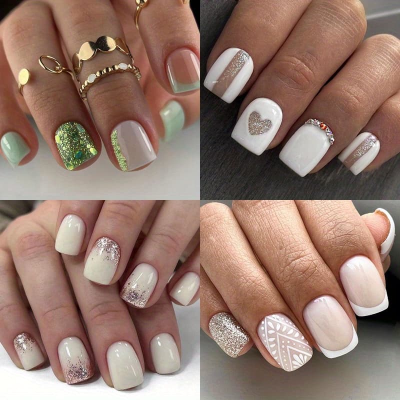 TEMU 96 Pcs/ 4 Pack Glossy Short Square Fake Nails, White On Nails With Silvery Glitter , Sweet False Nails For Women Girls