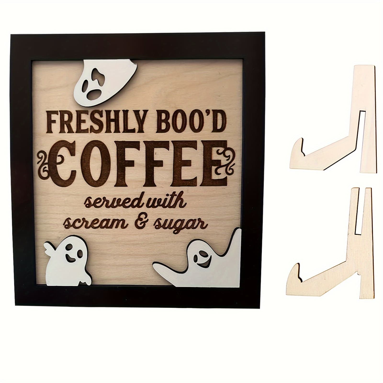 TEMU 1pc 3d Double-layered Wooden Coffee Sign, Funny Halloween Theme " Boo'" With Accents, For Home Decor, Festive Kitchen Sign With Stand