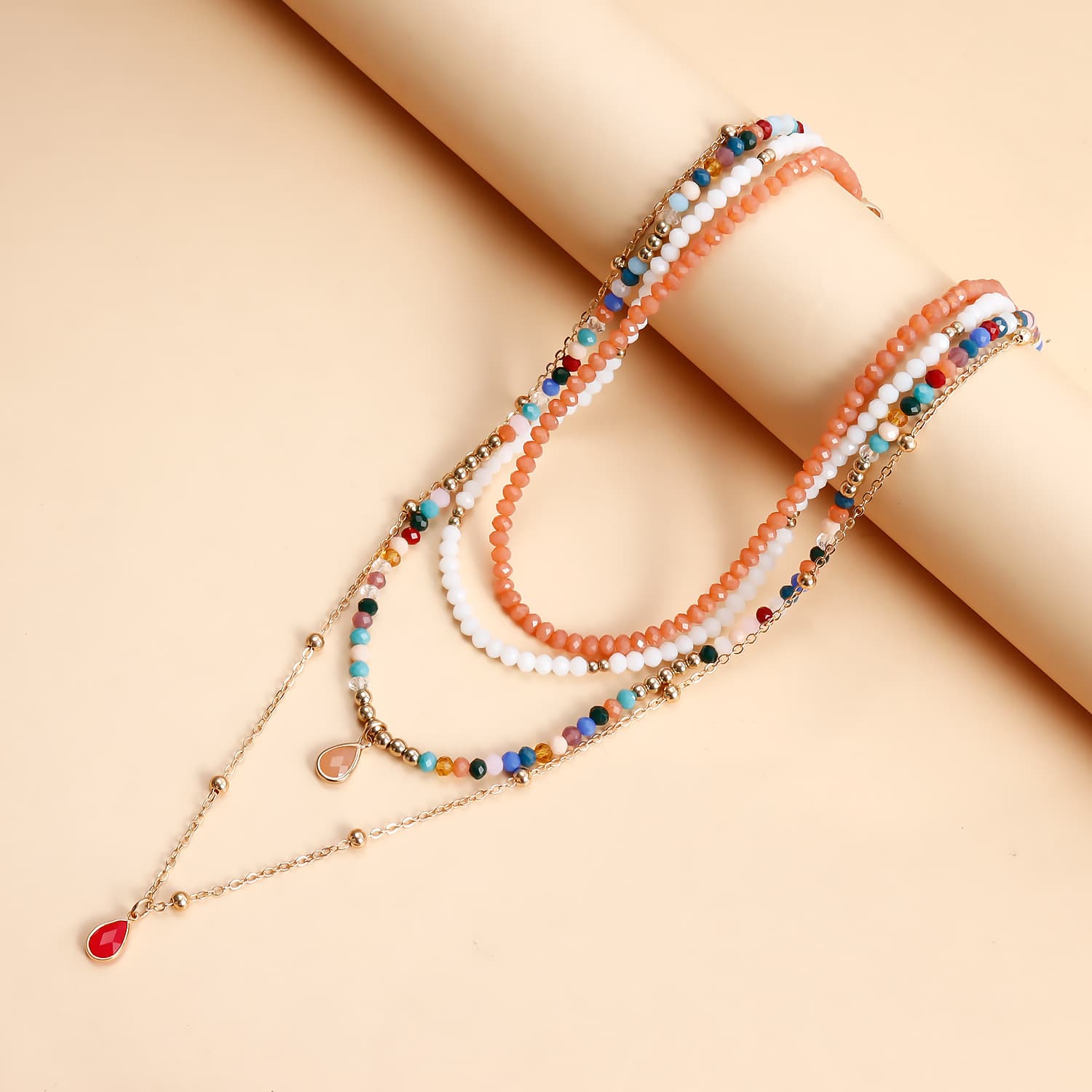TEMU Bohemian Style Multi-layered Drop Necklace, Colorful Beads, Chic Retro Accessories