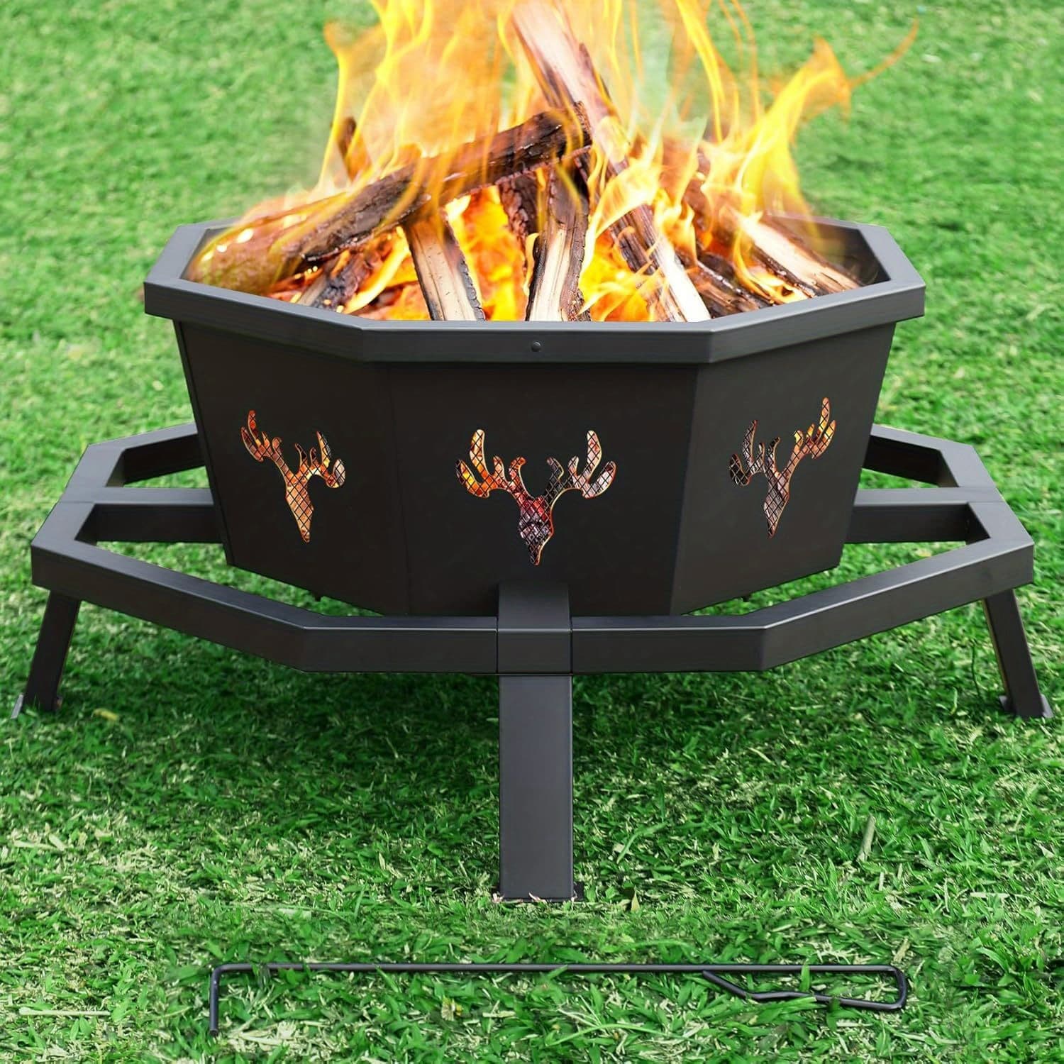 TEMU 35 Inch Fire Pit, Wood Burning Fire Pit For Outside, Heavy Duty Octagonal Firepit With For Camping Backyard Patio Black