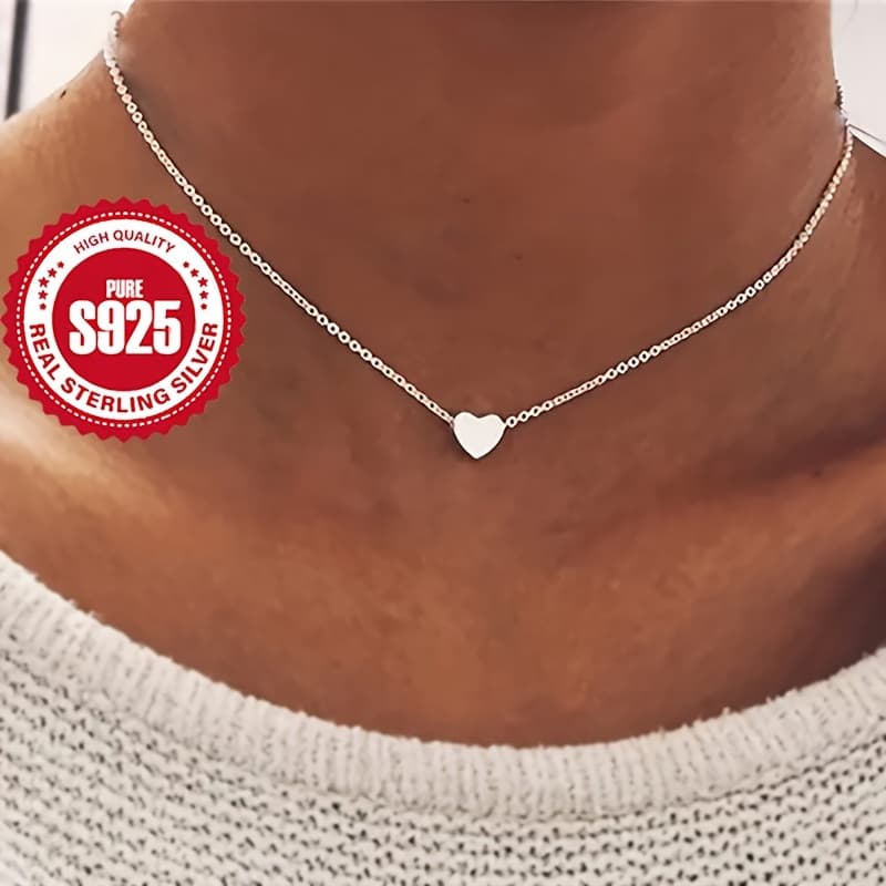 TEMU 925 Sterling Love Heart Pendant Necklace Plain Chain Hypoallergenic Minimalist Lovely Temperament Versatile Daily Wear Jewelry Valentine's Day Party Wedding Jewelry Gifts For Women