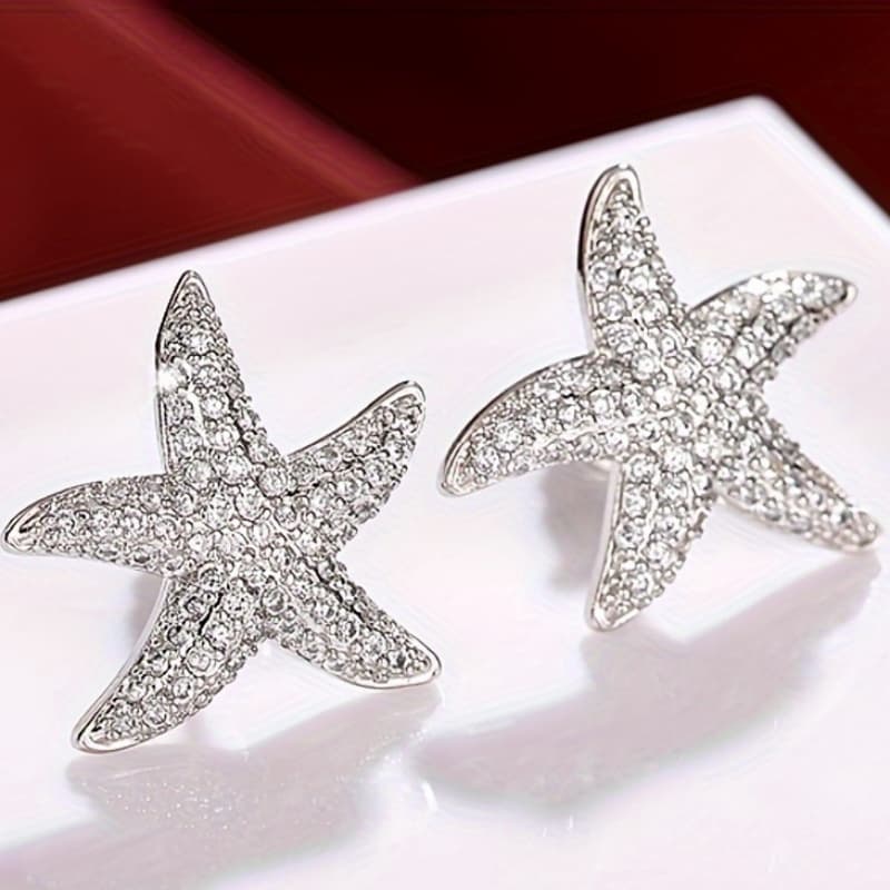 TEMU 1 Pair Of Women's Fashion Ear Studs, Exquisite And Shiny Starfish Earrings With Dense Synthetic Synthetic Zirconia For Daily Beach Vacation And Graduation Season Birthday Gifts