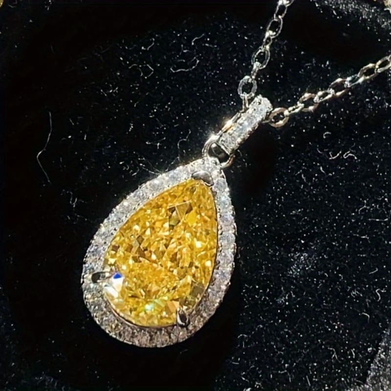 TEMU Gorgeous Sparkling Yellow Zirconia Water Drop Pendant Necklace For Women Banquet Parties Luxurious Jewelry Daily Vacation Exquisite Additions Valentine's Day Gifts