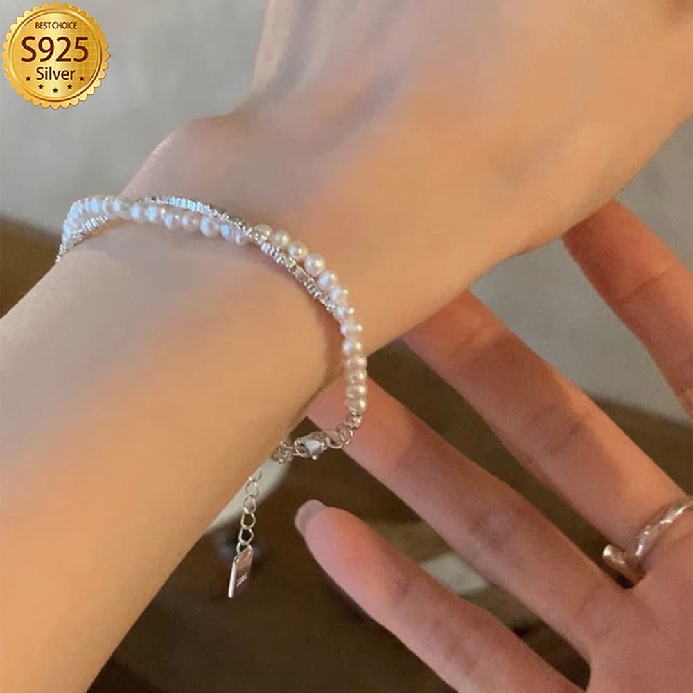 TEMU Elegant 925 Sterling Strand Bracelet With Shell Pearls, Double Layer Twist For Daily Wear And Gift-, Luxurious , Suitable For All - Day Jewelry Gift (silvery: 3.8g/ 0.14oz)