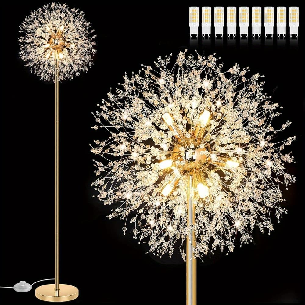 TEMU Beslowe 69'' Lamp For Living Room, Modern Standing Lamp With 738pcs K9 Crystals, Tall Lamp Pole Light For Bedroom Office, Mid Century Golden Floor Lighting With 9 Led Bulbs, Antique Brass