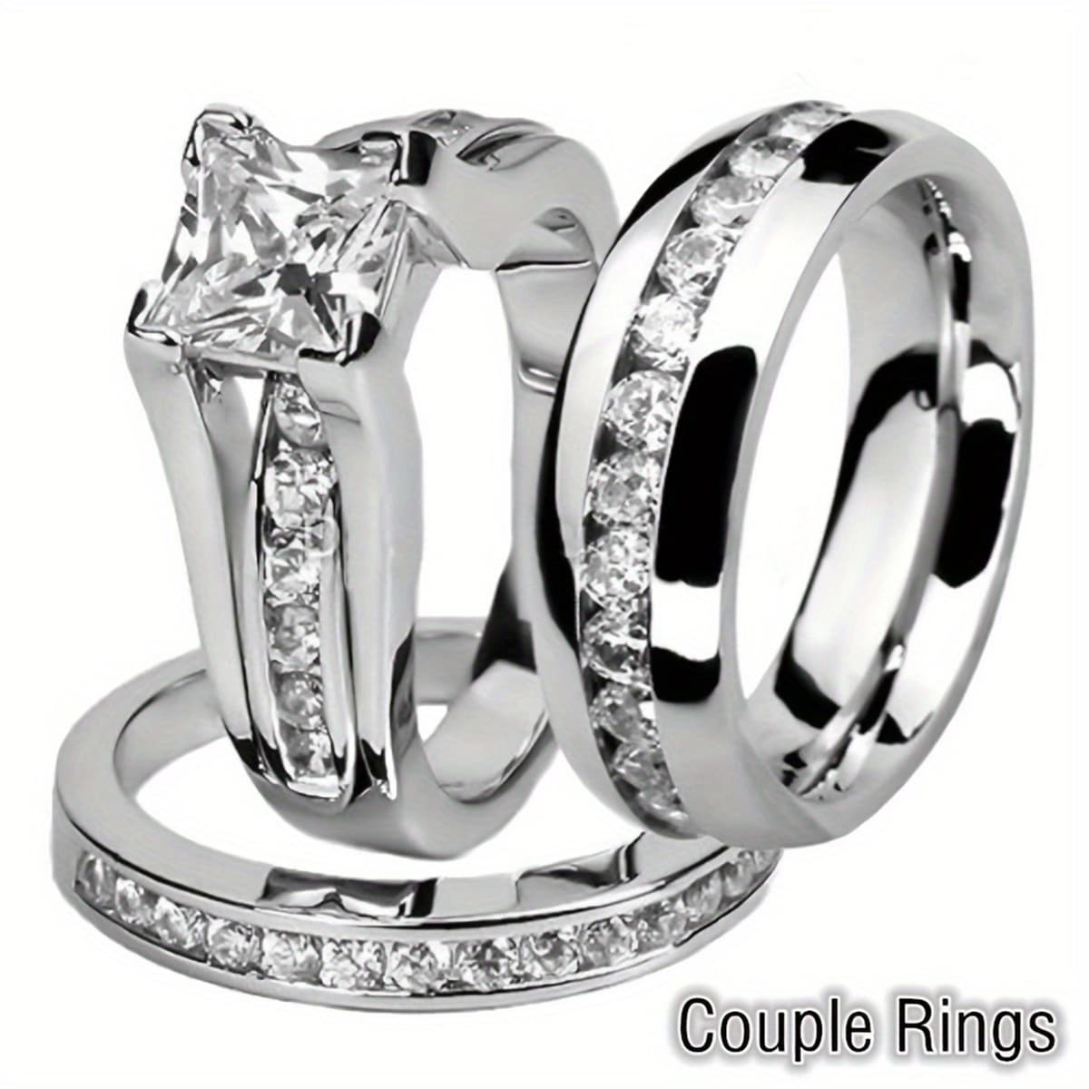 TEMU 3pcs Fashionable And Elegant Set For Women, Alloy With Stones, Suitable For Wedding And Engagement, And Stainless Steel Rings As A Jewelry Gift