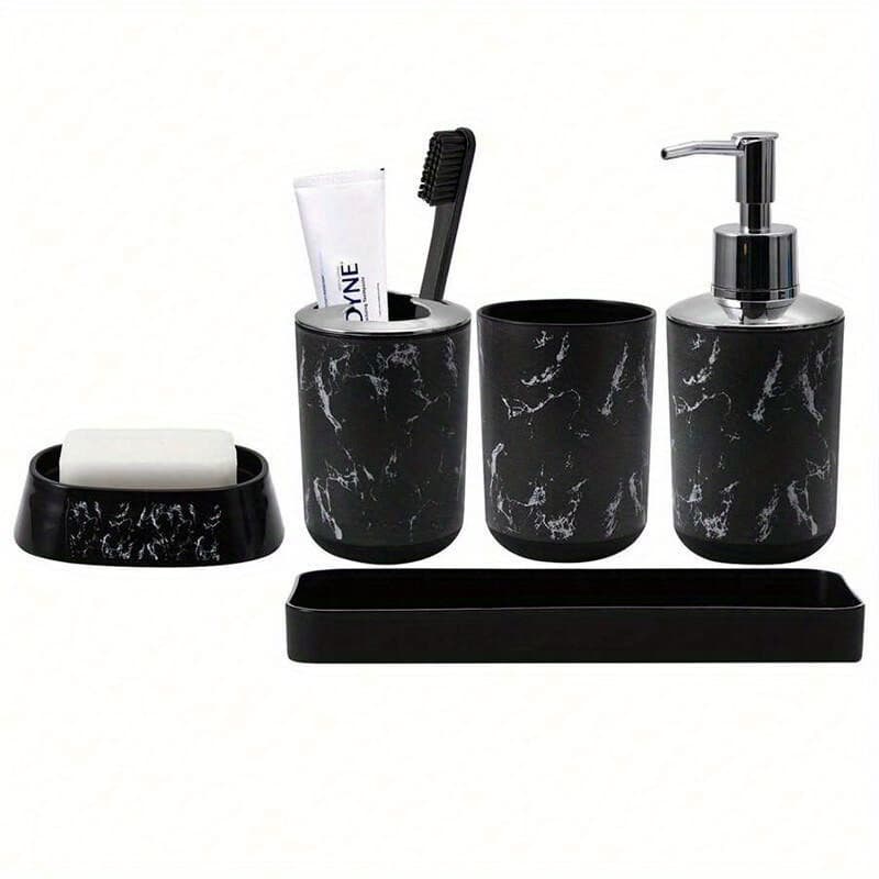 TEMU 5/9pcs Marble Patterned Bathroom Set, Including Mouthwash Cups, Toothbrush Holder, Soap Dispenser, Soap Box, Tray, Toilet Brush, Trash Can, And Swab Box