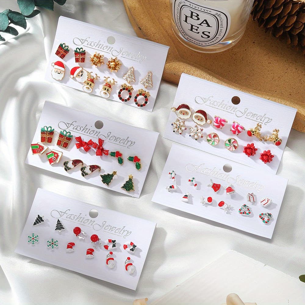 TEMU 30 Pairs Christmas Stud Earrings Set Cute Cartoon Style Enamel Christmas Earrings Christmas Tree Snowman Design Ear Ornament Delicate Female Christmas Gift