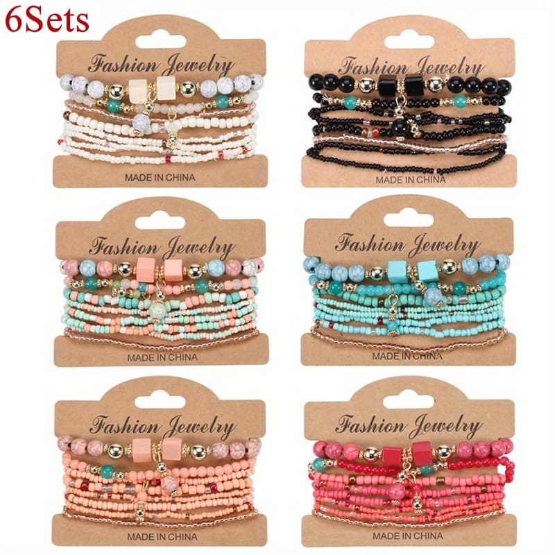TEMU Set Of Bohemian Stackable Bead Bracelets, Multi-layered Stretch Bangles In Colors, Comfortable Charm Bracelets, Seed Bead Ethnic Jewelry Gifts Suitable For Women, Men, And Teens