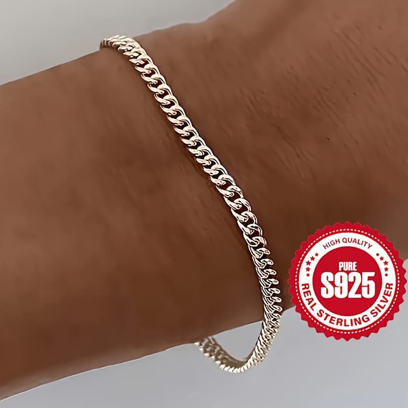 TEMU 925 Cuban Chain Bracelet Silvery Simple Accessory Urban Fashion Accessory
