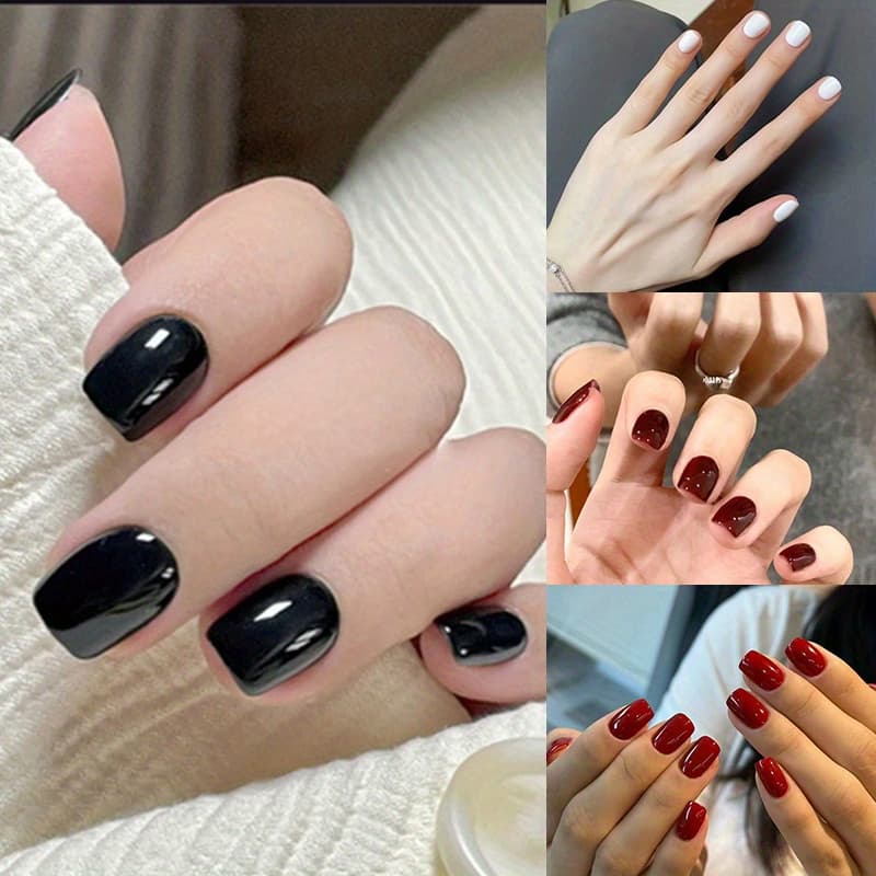 TEMU A Set Of 96 Short Square Glitter Nails In Stylish Colors Like Wine Red, Black, And White, Use By Women