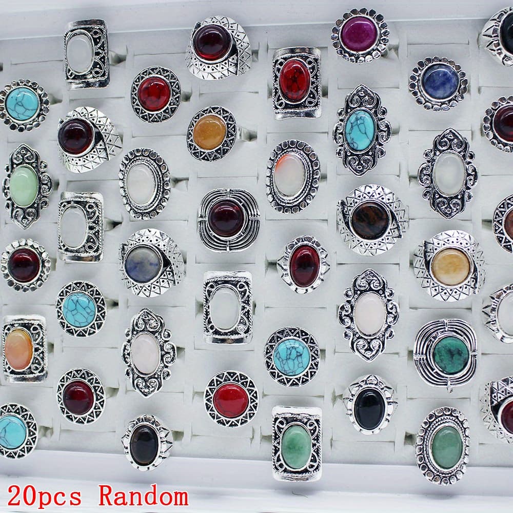 TEMU Vintage Bohemian Style 20pcs Women Men's Rings With Turquoise Stones And Alloy Bands Open Adjustable Ring, Perfect For Birthday, Party, Engagement And Anniversary Gift, Style Random