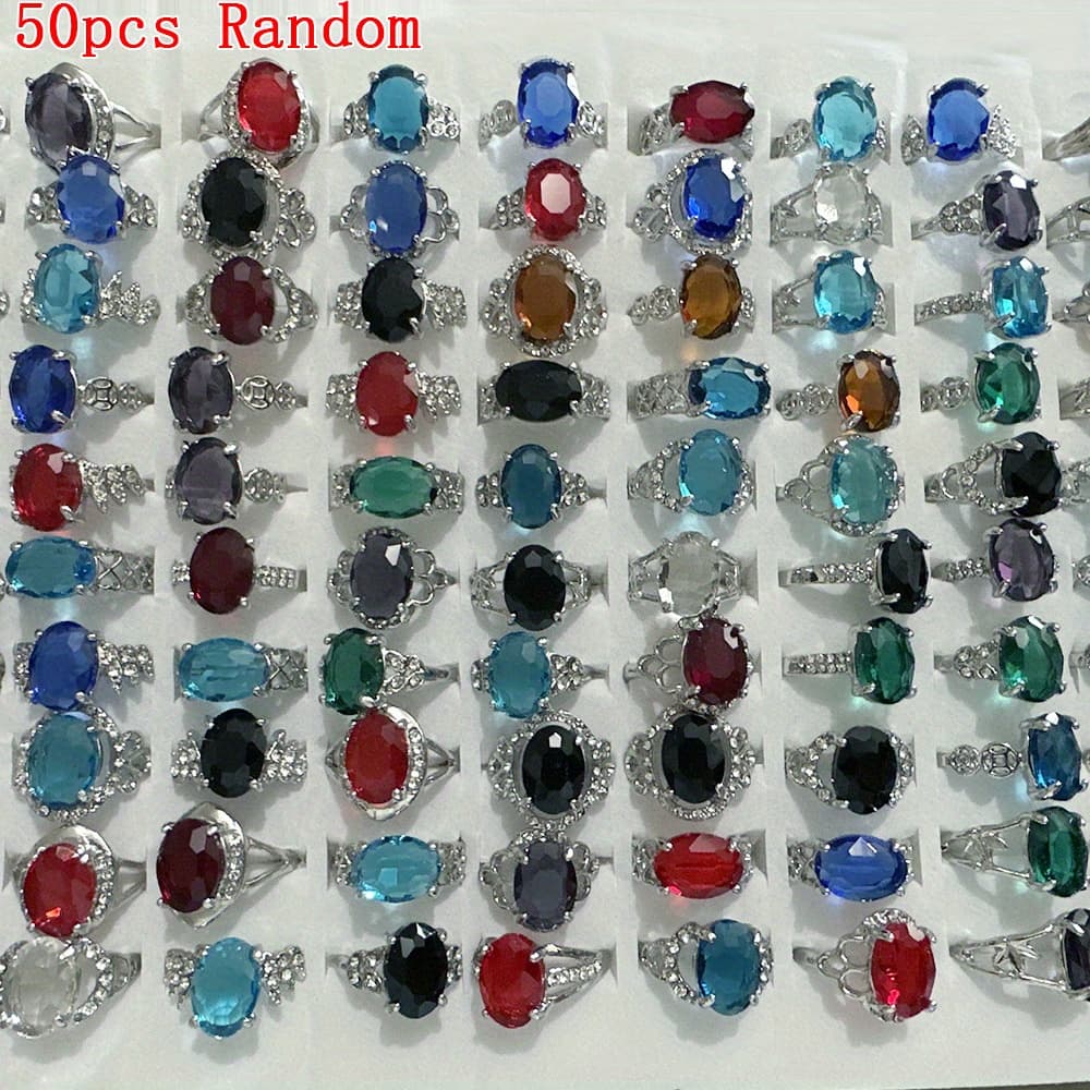 TEMU 50pcs Mixed Color Glass Artificial Gem Women Ring Fashion Accessory, Finger Ring Jewelry Inlaid Party Gift Idea(16-20mm Random)