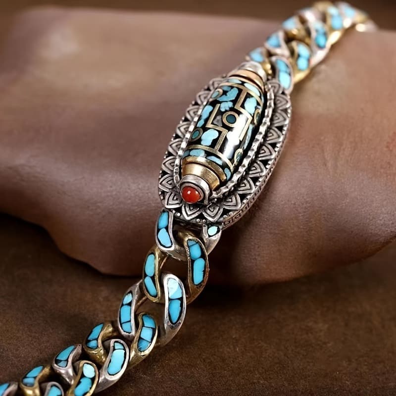 TEMU Cool And Unique Stainless Steel Chain Bracelet With Turquoise Beads For Men
