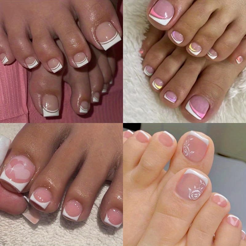 TEMU Set Of 4 (96pcs) Press-on Toenails For Women Featuring Short Square Glossy French Tips In White, Designed As Acrylic False Nails. Artificial Toenails Are Perfect For Summer And On