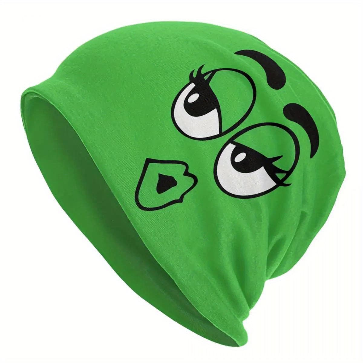 TEMU Green Cartoon Face Beanie Hat For Men - Fashionable Knitted Polyester And Spandex Soft