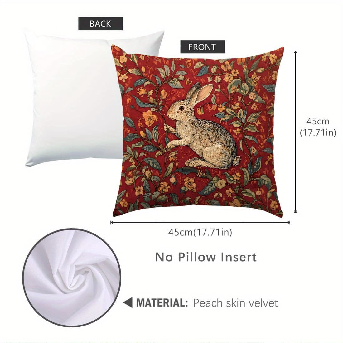 TEMU 1pc, Red Vintage Rabbit Style Plush Pillow Cover, Single-sided Print (17.71in*17.71in/45cm*45cm) For Decorative Pillow Cover For Living Room Bedroom Sofa Cushion Cover, Pillow Insert Not Included
