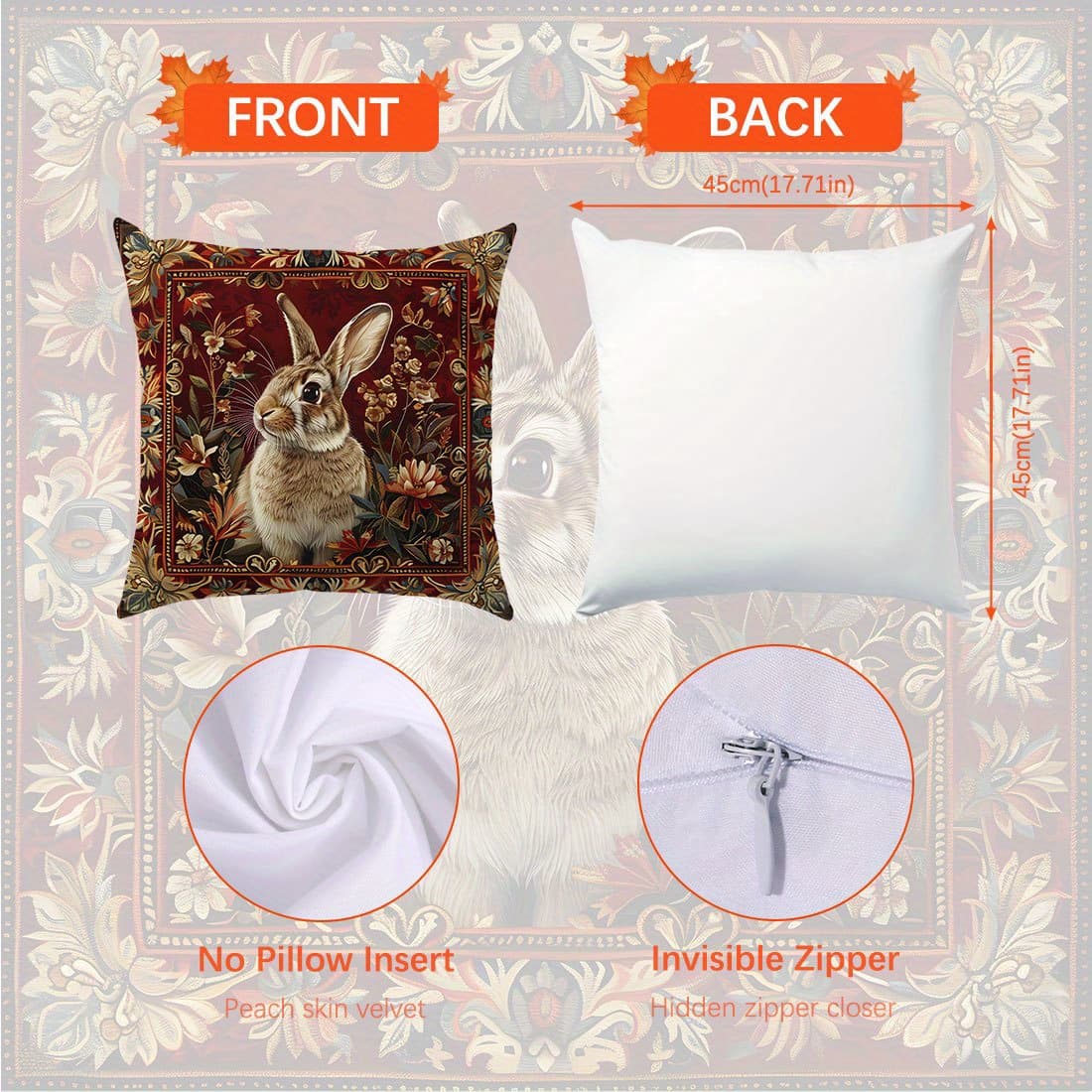 TEMU 1pc, Red Vintage Rabbit Style Plush Pillow Cover, Single-sided Print (17.71in*17.71in/45cm*45cm) For Decorative Pillow Cover For Living Room Bedroom Sofa Cushion Cover, Pillow Insert Not Included
